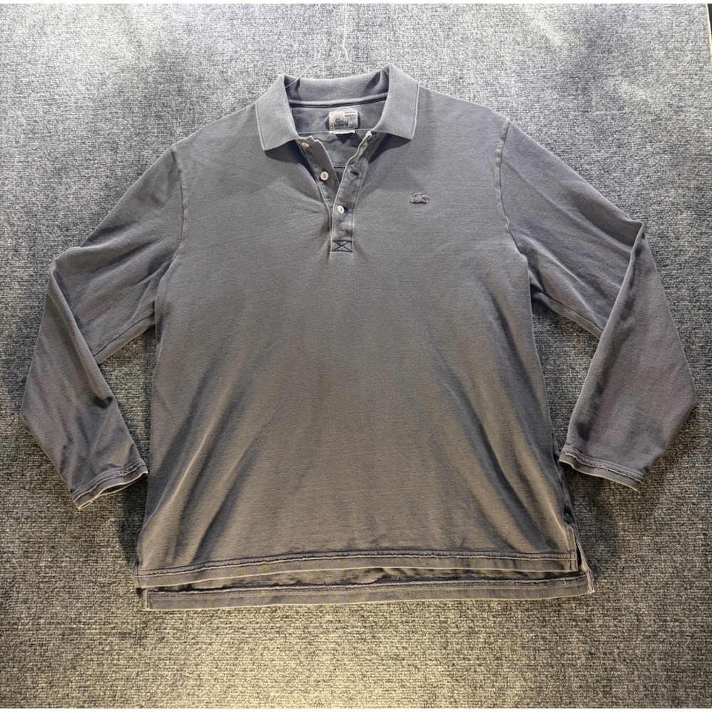Lacoste Vintage Washed Gray Long Sleeve Polo Shirt Mens Size 7 / XL Pique Cotton